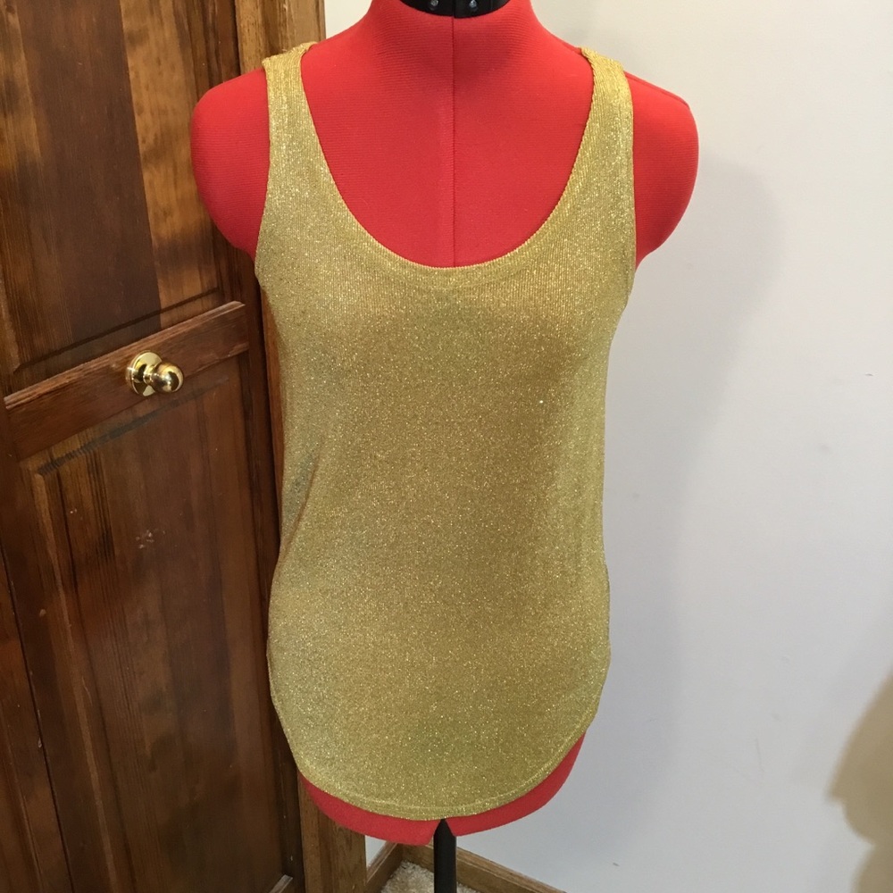 Gold Glitter Tank Top by Cache, size S, semi sheer, scalloped hem